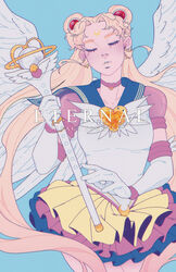  6iirls bishoujo_senshi_sailor_moon bishoujo_senshi_sailor_moon_stars blonde_hair blue_background blue_sailor_collar blue_skirt brooch character_name choker closed_eyes commentary cowboy_shot crescent crescent_brooch crescent_earrings crescent_facial_mark double_bun earrings elbow_gloves english_commentary english_text eternal_moon_article eternal_sailor_moon eternal_tiare facial_mark feathered_wings female forehead_mark gloves hair_bun hair_ornament heart heart_brooch heart_choker holding holding_staff jewelry layered_skirt long_hair magical_girl miniskirt multicolored_clothes multicolored_skirt parted_bangs parted_lips pink_choker pink_skirt puffy_short_sleeves puffy_sleeves sailor_collar sailor_moon sailor_senshi_uniform see-through see-through_sleeves short_sleeves skirt solo staff star_(symbol) star_earrings tsukino_usagi twintails very_long_hair white_gloves white_wings wing_brooch wings yellow_skirt 