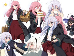  &gt;_&lt; 4girls :d ahoge amnesia_(majo_no_tabitabi) basket black_cloak black_hairband blush bread cake cloak closed_eyes closed_mouth commentary_request cup diamond_(shape) dot_nose drinking elaina_(majo_no_tabitabi) facing_another flying_sweatdrops food grey_hair hair_between_eyes hairband hand_on_own_cheek hand_on_own_face head_tilt highres holding holding_basket holding_cup holding_plate hood hood_down hooded_cloak houki_(majo_no_tabitabi) hug hug_from_behind legs_apart long_hair long_skirt long_sleeves looking_at_viewer majo_no_tabitabi miniskirt multiple_girls multiple_views open_cloak open_clothes open_mouth oyu_yu_(pixiv_94462206) pink_hair plate pleated_skirt purple_eyes pushing_away red_skirt saya_(majo_no_tabitabi) shirt shirt_tucked_in sidelocks simple_background skirt smile straight_hair teacup tearing_up twitter_username v-shaped_eyebrows white_background white_hair white_shirt wicker_basket yuri 