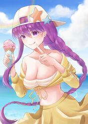  absurdres asymmetrical_hair bad_id bad_pixiv_id bandeau bare_shoulders baseball_cap bb_(fate) bb_(swimsuit_mooncancer)_(fate) bb_(swimsuit_mooncancer)_(first_ascension)_(fate) beach blue_sky blush braid breasts cleavage collarbone cropped_jacket daachan day fate/grand_order fate_(series) female food hat hat_ornament highres ice_cream ice_cream_cone index_finger_raised jacket large_breasts licking_lips long_hair long_sleeves looking_at_viewer midriff miniskirt purple_eyes purple_hair single_braid skirt sky solo star_(symbol) star_hat_ornament tongue tongue_out very_long_hair white_hat yellow_jacket yellow_skirt 