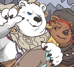  2018 anthro bear blue_eyes brown_body brown_fur crushfang_(sdorica_sunset) duo fur male mammal one_eye_closed overweight overweight_male polar_bear razorclaw_(sdorica_sunset) sdorica ursine waniharu white_body white_fur wink yellow_eyes 