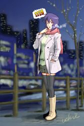  black_thighhighs boots commentary_request female ghost_in_the_shell hand_in_pocket knee_boots kusanagi_motoko outdoors photoshop_(medium) purple_hair red_eyes scarf short_hair shorts solo thighhighs uchiyan-uchizum winter_clothes 