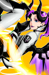  absurdres blue_eyes blurry boots breasts commentary_request dark_persona feet_out_of_frame female high_ponytail highres horns imp_mercy kalua knee_up lips lipstick long_hair makeup mechanical_wings medium_breasts mercy_(overwatch) overwatch overwatch_1 purple_hair purple_lips purple_wings sideways solo staff tail wings 