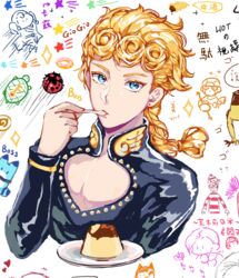  1boy blonde_hair blue_eyes bug chocolate_cornet cleavage_cutout clothing_cutout coco_jumbo commentary_request doughnut eating food giorno_giovanna gold_experience jewelry jojo_no_kimyou_na_bouken kemono_friends ladybug looking_at_viewer lucky_beast_(kemono_friends) pudding risotto_nero tiyi_(tiyi_a09) vento_aureo vinegar_doppio wally_(where&#039;s_wally) where&#039;s_wally 