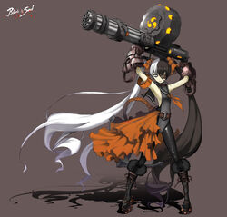  absurdres anchor armpits arms_up bad_id bad_pixiv_id belt blade_&amp;_soul boots commentary_request eyepatch female gatling_gun gauntlets grey_eyes gun highres knee_boots korean_commentary leather leather_pants leotard long_hair multicolored_hair pants photoshop_(medium) pohwaran ribbon smile solo split-color_hair tenten1991 twintails two-tone_hair very_long_hair weapon 