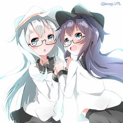  2girls :o akatsuki_(kancolle) anchor_symbol aqua_eyes bespectacled black_skirt blue_eyes blush commentary_request flat_cap glasses hat hibiki_(kancolle) holding_hands interlocked_fingers kantai_collection long_hair long_sleeves looking_back multiple_girls natsuyoshi_(natsun) open_mouth pleated_skirt remodel_(kantai_collection) school_uniform semi-rimless_eyewear serafuku skirt smile twitter_username under-rim_eyewear verniy_(kancolle) white_hair 