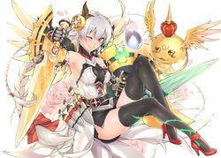  armpits braid commentary_request egg female flower high_heels highres king_shynee_(p&amp;d) light_valkyrie_(p&amp;d) long_hair makita_(twosidegekilove) one_eye_closed puzzle_&amp;_dragons red_eyes rose shield silver_hair smile sword thighhighs tri_braids valkyrie_(p&amp;d) very_long_hair weapon 