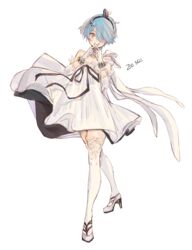  bad_id bad_pixiv_id bare_shoulders blue_eyes blue_hair blush bow bracelet character_name commentary covering_own_mouth detached_sleeves dress english_commentary female girls&#039;_frontline gloves hair_ornament hairclip hands_up high_heels jewelry layered_skirt miyajo official_alternate_costume one_eye_covered short_hair simple_background skirt solo thighhighs white_dress white_footwear white_gloves white_thighhighs zas_m21_(girls&#039;_frontline) zas_m21_(white_queen)_(girls&#039;_frontline) 