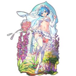  :o bead_necklace beads blue_eyes blue_hair blush bouquet breasts day detached_sleeves female flower garden garter_straps gazebo hair_flower hair_ornament hand_up holding jewelry last_period medium_breasts miniskirt navel necklace non-web_source official_art open_mouth outdoors re:zero_kara_hajimeru_isekai_seikatsu rem_(re:zero) short_hair skirt solo standing thighhighs veil white_footwear white_skirt white_thighhighs whoopin 