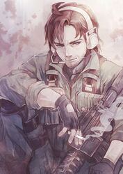  1boy assault_rifle bad_id bad_pixiv_id beard brown_hair cigarette facial_hair fingerless_gloves gloves green_eyes gun headset highres iroquois_pliskin m4_carbine male_focus metal_gear_(series) metal_gear_solid_2:_sons_of_liberty military military_uniform rifle senano-yu solid_snake solo uniform weapon 