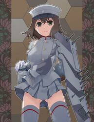  akitsu_maru_(kancolle) ass_visible_through_thighs backpack bag brown_eyes brown_hair commentary_request female gloves hat kantai_collection looking_at_viewer machinery maruto! short_hair solo thighhighs turret 