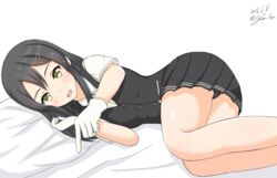  black_hair black_skirt commentary_request dated eyebrows female gloves hair_ornament hairclip kantai_collection linfa_(futari_midara) long_hair lying on_side open_mouth oyashio_(kancolle) pleated_skirt shirt simple_background skirt solo twitter_username vest white_background white_gloves yellow_eyes 