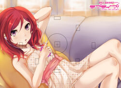  bad_id bad_nicoseiga_id bare_shoulders camera couch digital_media_player dress earphones female hair_between_eyes indoors kalian looking_at_viewer love_live! love_live!_school_idol_project lying nishikino_maki on_back open_mouth photoshop_(medium) purple_eyes red_hair short_dress short_hair solo viewfinder 