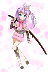  absurdres belt boots commentary female green_eyes hat highres mao_xin&#039;ai monster_hunter:_world monster_hunter_(character) monster_hunter_(series) ponytail purple_hair sword twintails weapon 