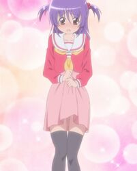  collarbone dress dress_lift gradient gradient_background hayate_no_gotoku! highres open_mouth purple_hair red_eyes school_uniform segawa_izumi socks solo twintails 