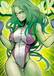  animification breasts character_name clenched_hands colored_skin commentary_request eyebrows female green_eyes green_hair green_skin grin jennifer_walters jinbei large_breasts leotard long_hair marvel purple_leotard she-hulk sideboob smile solo thigh_gap thighs white_leotard 