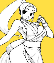  1zu3 :d bad_id bad_pixiv_id between_breasts breasts fatal_fury female high_ponytail long_hair open_mouth parted_bangs pelvic_curtain ponytail shiranui_mai smile solo the_king_of_fighters wide_hips wide_ponytail yellow_background 