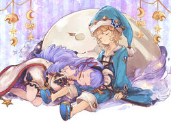  1boy bare_shoulders bow commentary_request drill_hair female granblue_fantasy hair_ribbon hairbow hat ikelos lap_pillow morphe_(granblue_fantasy) phoebe_(granblue_fantasy) purple_hair ribbon sleeping smile tapir wataichi_meko 