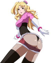  ass black_legwear blonde_hair breasts brown_eyes butt_crack commentary_request female hat light_smile long_hair looking_at_viewer lowleg lowleg_shorts mamitas medium_breasts pantyhose short_shorts shorts simple_background solo space_dandy thighhighs thighhighs_over_pantyhose white_background yoshida_keiji 