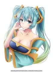  bad_id bad_pixiv_id blue_eyes breasts cleavage large_breasts league_of_legends light_smile long_hair long_sleeves saruei solo sona_buvelle twintails watermark web_address white_background 