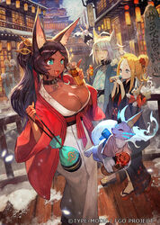  6+girls abigail_williams_(fate/grand_order) ahoge alternate_hairstyle animal_ear_fluff animal_ears aqua_eyes atalanta_(fate) bag black_hair blonde_hair blue_eyes bottle breasts bridge building bursting_breasts cat_ears cleavage collar commentary_request dark_skin drinking fate/grand_order fate_(series) flower hair_bun hair_flower hair_ornament ibaraki_douji_(fate/grand_order) japanese_clothes jeanne_d&#039;arc_(alter)_(fate) jeanne_d&#039;arc_(fate) jeanne_d&#039;arc_(fate)_(all) jeanne_d&#039;arc_alter_santa_lily lack large_breasts long_hair multiple_girls oerba_yun_fang open_mouth queen_of_sheba_(fate/grand_order) short_hair shuten_douji_(fate/grand_order) silver_hair smile snow sparkle yellow_eyes 