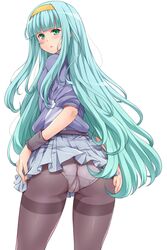  :o amane_hasuhito ass bad_id bad_twitter_id black_pantyhose blue_hair blush cowboy_shot crotch_seam female green_eyes hairband jacket long_hair looking_at_viewer looking_back panties panties_under_pantyhose pantyhose shimo_(yatagarasu) skirt solo thighband_pantyhose track_jacket underwear very_long_hair white_background wristband yatagarasu_(game) 