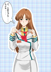  bad_id bad_pixiv_id blush brown_hair choujikuu_yousai_macross commentary_request cowboy_shot embarrassed female green_eyes hayase_misa long_hair macross marishiten military military_uniform photoshop_(medium) plaid plaid_background solo standing thong thought_bubble translation_request u.n._spacy uniform 