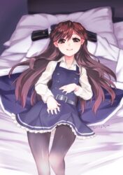  ajino_(sakanahen) arashio_(kancolle) arashio_kai_ni_(kancolle) bed belt black_pantyhose brown_eyes brown_hair commentary_request dated dress female hair_between_eyes kantai_collection long_hair long_sleeves looking_at_viewer lying on_back pantyhose pillow pinafore_dress pleated_dress school_uniform shirt sleeveless sleeveless_dress solo white_shirt 