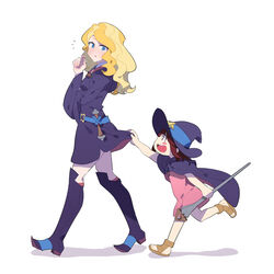  2girls aged_down blonde_hair blue_eyes boots brown_hair clothes_lift commentary_request diana_cavendish dress following hat kagari_atsuko little_witch_academia lolicon long_hair luo. multiple_girls open_mouth sandals simple_background skirt skirt_lift smile staff star_(symbol) wand white_background witch witch_hat yuri 