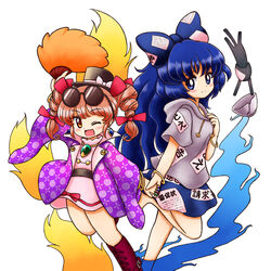  2girls ;d barefoot belt blue_bow blue_eyes blue_fire blue_hair blue_skirt blush boots bow bowl bracelet chibi coat commentary_request cross-laced_footwear damaged dress drill_hair earrings eyewear_on_head feather_fan fire grey_hoodie hair_ribbon hairbow hand_on_own_chest hat high_collar holding_hands hood hoodie jewelry knee_boots leg_lift long_hair long_sleeves looking_at_viewer multiple_girls nitamago one_eye_closed open_clothes open_coat open_mouth patterned_clothing pendant pink_dress purple_coat red_hair red_ribbon ribbon ring short_hair short_sleeves siblings simple_background sisters skirt smile standing standing_on_one_leg stuffed_animal stuffed_cat stuffed_toy sunglasses top_hat touhou twin_drills white_background wide_sleeves yorigami_jo&#039;on yorigami_shion 