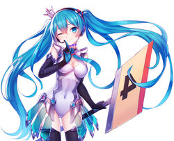  black_gloves black_thighhighs blue_eyes blue_hair breasts cleavage commentary_request crown elbow_gloves female finger_to_mouth gloves goodsmile_racing hatsune_miku headset leotard long_hair looking_at_viewer medium_breasts mini_crown one_eye_closed pen_(steelleets) photoshop_(medium) racing_miku racing_miku_(2013) sign simple_background smile solo thighhighs twintails very_long_hair vocaloid white_background 