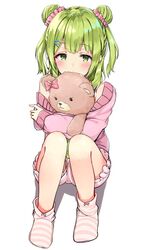  aged_up blush commentary covered_mouth double_bun female green_eyes green_hair hair_bun hair_ornament hair_scrunchie hairclip hugging_object jacket knees_up long_hair long_sleeves looking_at_viewer loose_socks loungewear morinaka_kazaki morinaka_kazaki_(1st_costume) nijisanji no_shoes off_shoulder pink_jacket pink_scrunchie pink_shorts racchi. scrunchie shadow short_shorts shorts sitting socks solo striped_clothes striped_socks stuffed_animal stuffed_toy teddy_bear thighs virtual_youtuber white_background 