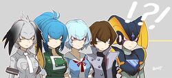  !? 2boys 3girls ayanami_rei bass_(mega_man) black_hair blonde_hair blue_eyes blue_hair commentary_request crossover grey_hair kaiba_seto kemono_friends leona_heidern long_hair looking_at_viewer looking_away mega_man_(classic) mega_man_(series) multicolored_hair multiple_boys multiple_crossover multiple_girls necktie neon_genesis_evangelion pink_eyes ponytail red_eyes sakuhiko school_uniform shoebill_(kemono_friends) short_hair short_ponytail the_king_of_fighters the_king_of_fighters_&#039;96 trait_connection tsurime twitter_username yellow_eyes yu-gi-oh! 