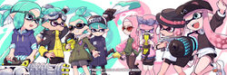  4boys 4girls :| arms_up artist_name baseball_cap black_coat black_footwear black_hat black_necktie black_pants black_sweater blue_ribbon blue_shirt blunt_bangs bracelet bright_pupils brown_pants clenched_hand closed_mouth clothes_writing coat commentary_request dolphin_shorts dress_shirt dynamo_roller_(splatoon) e-liter_4k_(splatoon) glasses goggles goggles_on_head green-framed_eyewear green_coat green_eyes green_hair grey_shorts grin hair_ribbon hair_slicked_back hand_in_pocket hand_on_own_hip hat hat_ribbon hero_blaster_(splatoon) hero_brella_(splatoon) hero_shot_(splatoon_2) hero_splatling_(splatoon) holding holding_weapon hood hoodie inkling inkling_(language) inkling_boy inkling_girl inkling_player_character inumaru_akagi jacket jewelry leg_up long_sleeves looking_at_another multiple_boys multiple_girls n-zap_(splatoon) necktie octobrush_(splatoon) one_eye_closed open_mouth over-rim_eyewear over_shoulder paint_splatter pants pink_eyes pink_hair pixiv_id pointy_ears purple_eyes ribbon scrunchie semi-rimless_eyewear shirt shoes short_ponytail short_shorts shorts single_vertical_stripe smile sparkle splatoon_(series) splatoon_2 standing standing_on_one_leg sweater tan tentacle topknot weapon weapon_over_shoulder white_footwear white_pupils white_shirt yellow-framed_eyewear yellow_jacket 