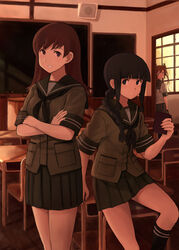  3girls abukuma_(kancolle) black_hair blonde_hair blunt_bangs book braid brown_eyes brown_hair chair chalkboard classroom commentary_request crossed_arms desk doorway double_bun fuyube_gin_(huyube) hair_between_eyes hair_bun hair_over_shoulder hair_rings holding holding_book indoors kantai_collection kitakami_(kancolle) kneehighs long_hair looking_at_viewer looking_back multiple_girls neckerchief official_style ooi_(kancolle) pleated_skirt public_address_system school_desk school_uniform serafuku shibafu_(glock23)_(style) single_braid sitting skirt socks speaker window 