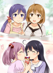  4girls :d ahoge akebono_(kancolle) alternate_costume bandaid bandaid_on_face bell black_hair brown_eyes brown_hair collarbone commentary crepe flower food food_wrapper hair_bell hair_between_eyes hair_bobbles hair_flower hair_ornament heart jingle_bell kantai_collection long_hair multiple_girls oboro_(kancolle) open_mouth pink_hair pink_shirt purple_eyes purple_hair sazaki_hiyoru sazanami_(kancolle) shirt short_hair side_ponytail smile twintails ushio_(kancolle) 