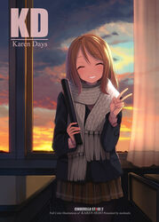  ^_^ blush brown_hair closed_eyes coat commentary_request curtains female hojo_karen idolmaster idolmaster_cinderella_girls long_hair pantyhose photoshop_(medium) pleated_skirt scarf skirt smile solo sunset v window yuki_usagi_(mofurafu) 