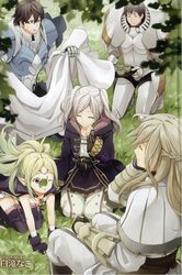  2girls 3boys armor artist_name black_hair boots cape closed_eyes coat fingerless_gloves fire_emblem fire_emblem_awakening frederick_(fire_emblem) gauntlets gloves green_hair hair_ornament hood hood_down jewelry kellam_(fire_emblem) knee_boots leaf libra_(fire_emblem) multiple_boys multiple_girls non-web_source nowi_(fire_emblem) one_eye_closed pink_legwear pointy_ears ponytail purple_eyes robin_(female)_(fire_emblem) robin_(fire_emblem) shirataki_nako short_hair sitting smile tea tiara twintails white_hair 