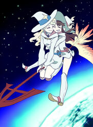  2girls asymmetrical_bangs boots broom broom_riding brown_hair cheek-to-cheek closed_eyes commentary_request couple diana_cavendish dress earth_(planet) happy hat heads_together hug hug_from_behind kagari_atsuko light_green_hair little_witch_academia long_hair multiple_girls multiple_riders photoshop_(medium) planet shooting_star_(little_witch_academia) smile spoilers ton_(ton39342104) white_dress witch witch_hat yuri 