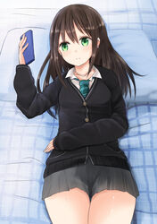  bad_id bad_pixiv_id bed brown_hair cardigan cellphone commentary_request earrings female green_eyes idolmaster idolmaster_cinderella_girls jewelry long_hair lying necklace necktie neneru on_back phone pillow pleated_skirt school_uniform shibuya_rin skirt sleeves_past_wrists smartphone solo 