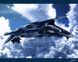  aircraft airplane cloud commentary_request ffr-41mr fighter_jet jet kawanakajima letterboxed military military_vehicle no_humans science_fiction sentou_yousei_yukikaze signature sky vehicle_focus 