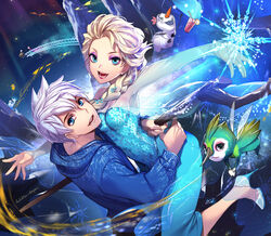  blonde_hair braid crossover dress elsa_(frozen) empew eyeshadow female frozen_(disney) hood hoodie ice jack_frost_(rise_of_the_guardians) makeup olaf_(frozen) power_connection rise_of_the_guardians silver_hair snowman toothiana_(rise_of_the_guardians) 