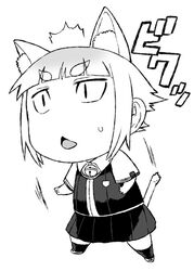  animal_ears bad_id bad_pixiv_id bell cat_ears cat_tail chibi commentary_request female greyscale kuraishi_tanpopo monochrome painttool_sai_(medium) school_uniform short_hair skirt solo tail thick_eyebrows tsukudani_(coke-buta) witch_craft_works 