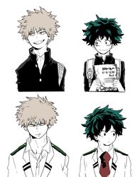  2boys bad_id bad_pixiv_id bakugou_katsuki boku_no_hero_academia freckles gakuran grin male_focus midoriya_izuku multiple_boys orange_eyes school_uniform smile translation_request u.a._school_uniform yagiushi_(sinnpatilove) 