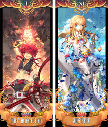  2boys arm_up armor blonde_hair blue_eyes blue_flower blue_rose boots buckle chung_seiker cloud commentary_request crown elsword elsword_(character) flower gem gloves hair_flaps iron_paladin_(elsword) justice_(tarot) long_hair male_focus midriff multiple_boys navel pants photoshop_(medium) rainbow_order red_eyes red_hair rose rune_slayer_(elsword) scorpion5050 sitting sky smile sword tarot tarot_(medium) tattoo the_magician_(tarot) weapon 