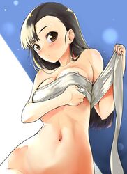  asymmetrical_bangs black_hair blush breasts brown_eyes cleavage commentary_request female girls_und_panzer long_hair looking_at_viewer medium_breasts mozu_(peth) navel nishi_kinuyo sarashi solo 