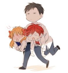  2boys bad_id bad_pixiv_id black_hair blush bow carrying carrying_under_arm chibi female full-face_blush gekkan_shoujo_nozaki-kun hairbow mery_(yangmalgage) mikoshiba_mikoto multiple_boys nozaki_umetarou open_mouth orange_hair red_hair sakura_chiyo thighhighs 