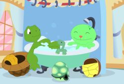  absurd_res anthro bath bathtub bubble crossover fan_character franklin_(series) franklin_turtle friendship_is_magic green_body green_skin group happy_tree_friends hasbro hi_res lying male my_little_pony nude on_back porygon2z relaxing reptile scalie shadow shell shell-less smile tank_(mlp) turtle turtle_shell window 