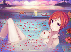  alternate_hairstyle bad_id bad_pixiv_id bath bathing blurry breasts collarbone completely_nude cup depth_of_field drinking_glass drinking_straw female flower hair_between_eyes hair_up hibiscus kalian knees_up looking_at_viewer looking_to_the_side love_live! love_live!_school_idol_project lying medium_breasts nishikino_maki nude on_back open_mouth partially_submerged petals petals_on_liquid purple_eyes red_hair rose_petals short_hair solo 