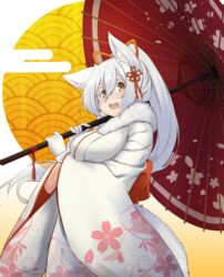  animal_ear_fluff animal_ears back_bow bow breasts eyes_visible_through_hair female floral_print fox_ears fox_girl fox_tail fur-trimmed_collar fur-trimmed_gloves fur_trim gloves hair_between_eyes hair_ornament highres holding holding_umbrella japanese_clothes kimono large_breasts long_hair long_sleeves oerba_yun_fang oil-paper_umbrella open_mouth original ponytail red_bow red_umbrella sakura_inu short_eyebrows smile tail tied_hair umbrella white_gloves white_hair white_kimono wide_sleeves yellow_eyes 