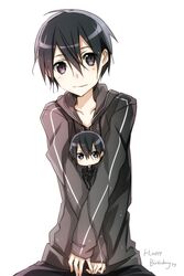  2boys black_eyes black_hair commentary_request dual_persona hood hoodie jacket jianmo_sl kirito male_focus mini_person miniboy multiple_boys sword_art_online 